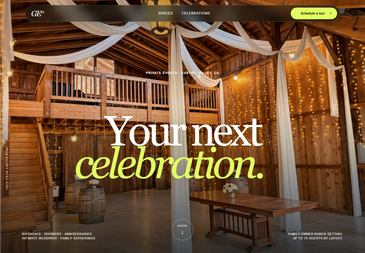 Graceland Events website with a timber venue interior and celebration headline