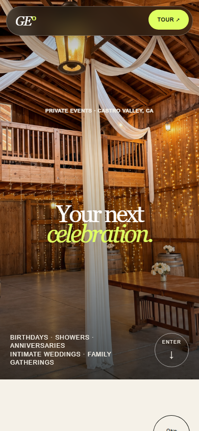 Graceland mobile homepage with a compact tour button, venue photograph and celebration headline