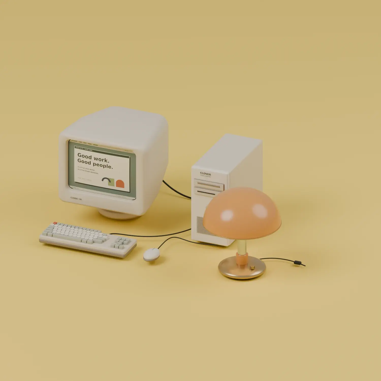 Clover's modeled cream computer and amber lamp, with materials and lighting on a yellow surface