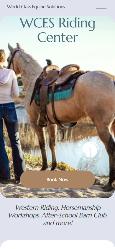 World Class Equine mobile homepage with a tall horse photograph, riding-center heading and tan Book Now button