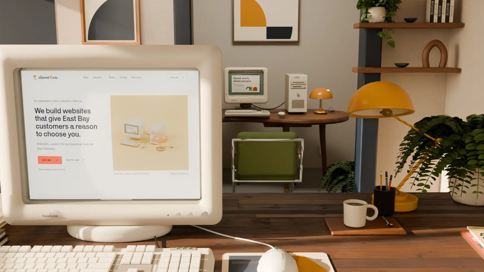 The cream computer and desk materials in Clover’s modeled studio